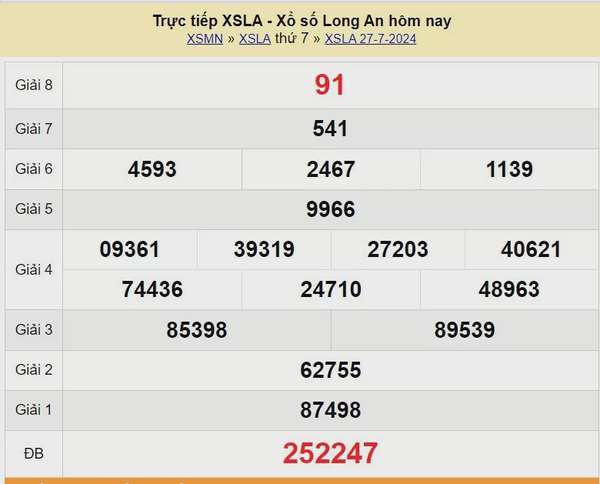 XSLA 27/7, Kết quả xổ số  Long An hôm nay 27/7/2024, KQXSLA thứ Bảy ngày 27 tháng 7