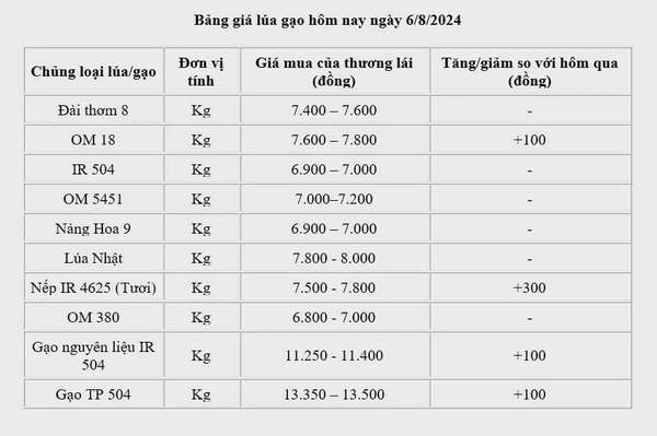 Giá lúa gạo hôm nay ngày 6/8/2024: Giá gạo tăng từ 50 -150 đồng/kg, giá lúa ổn định